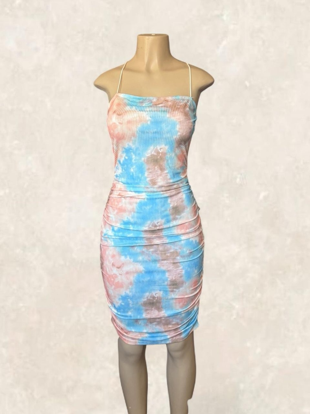 Tie-Dye Ruched Spaghetti Strap Midi Dress - Blue & Pink